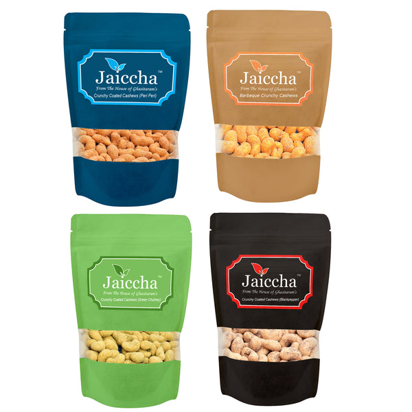 Pack of 4 Peri Peri, Barbeque, Green Chutney, Black Pepper Crunchy Coated  Cashews 400 gms