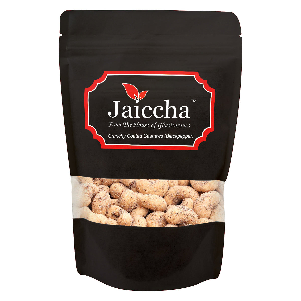 Black Pepper Crunchy Coated  Cashews in Black Paper Pouch 200 gms 