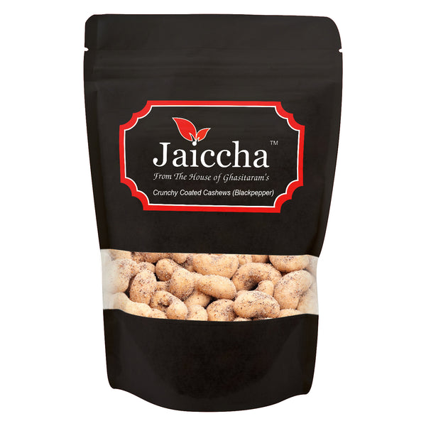 Black Pepper Crunchy Coated  Cashews in Black Paper Pouch 200 gms 