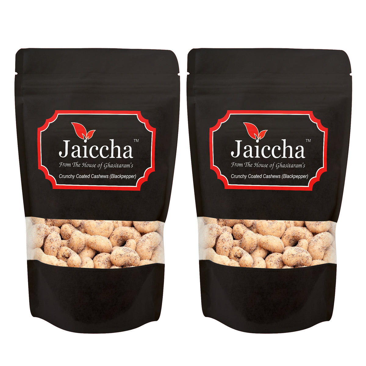 Black Pepper Crunchy Coated  Cashews in Black Paper Pouch 400 gms 