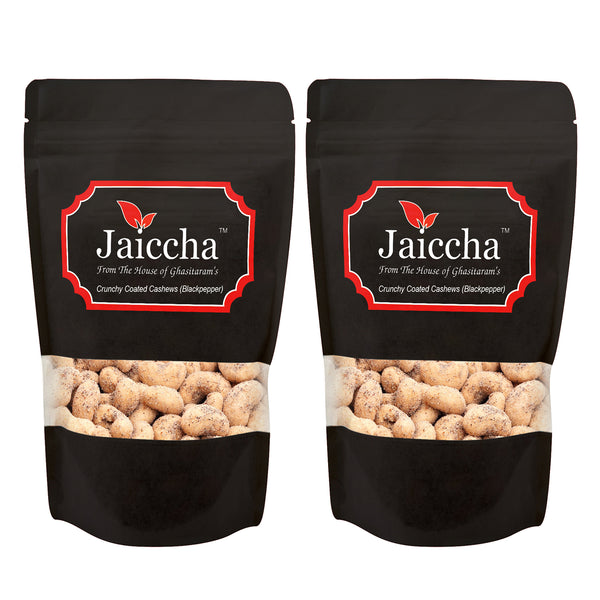 Black Pepper Crunchy Coated  Cashews in Black Paper Pouch 400 gms 