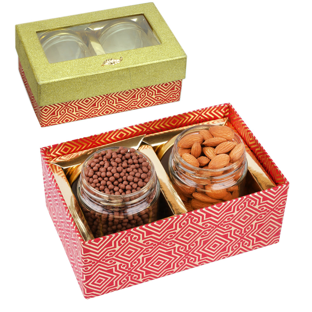Golden box with 2 Jars of Almonds and Choco Coated Rice Crispies