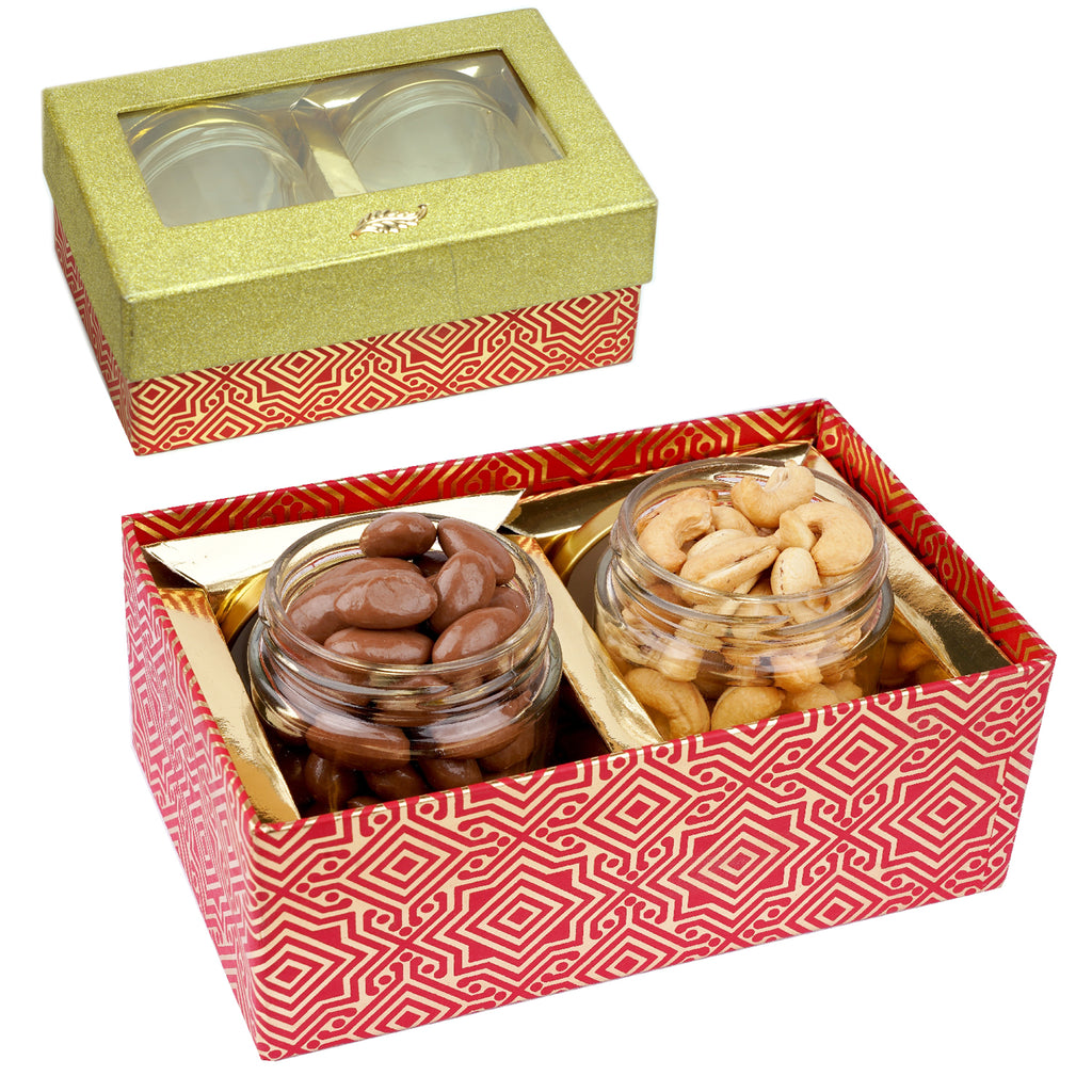 Golden box with 2 Jars of Chocolate Coated Almonds and Roasted Cashews
