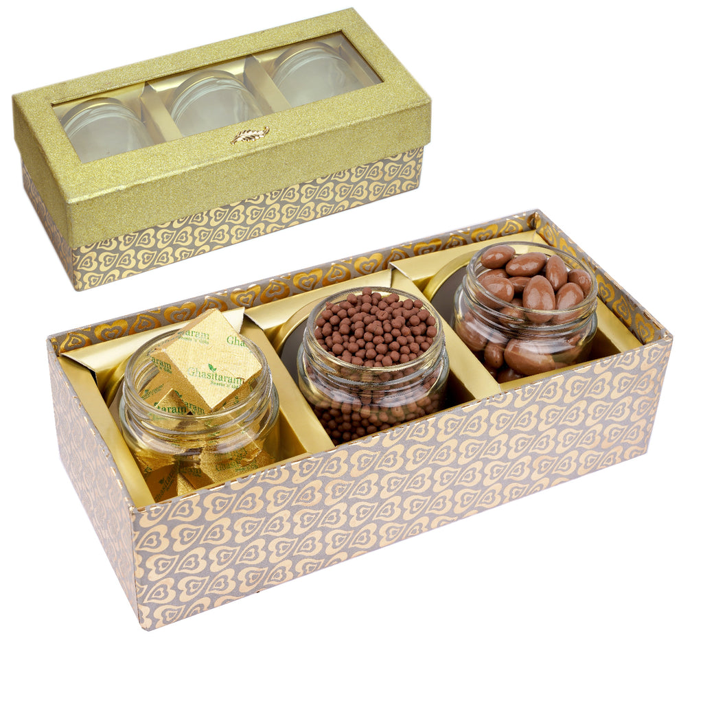 Golden box with 3 Jars of Chocolate Coated Almonds, Rice Crispies and Mewa Bites