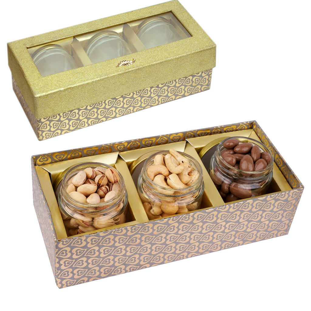 Golden box with 3 Jars of Chocolate Coated Almonds, Roasted Cashews and Pistachios