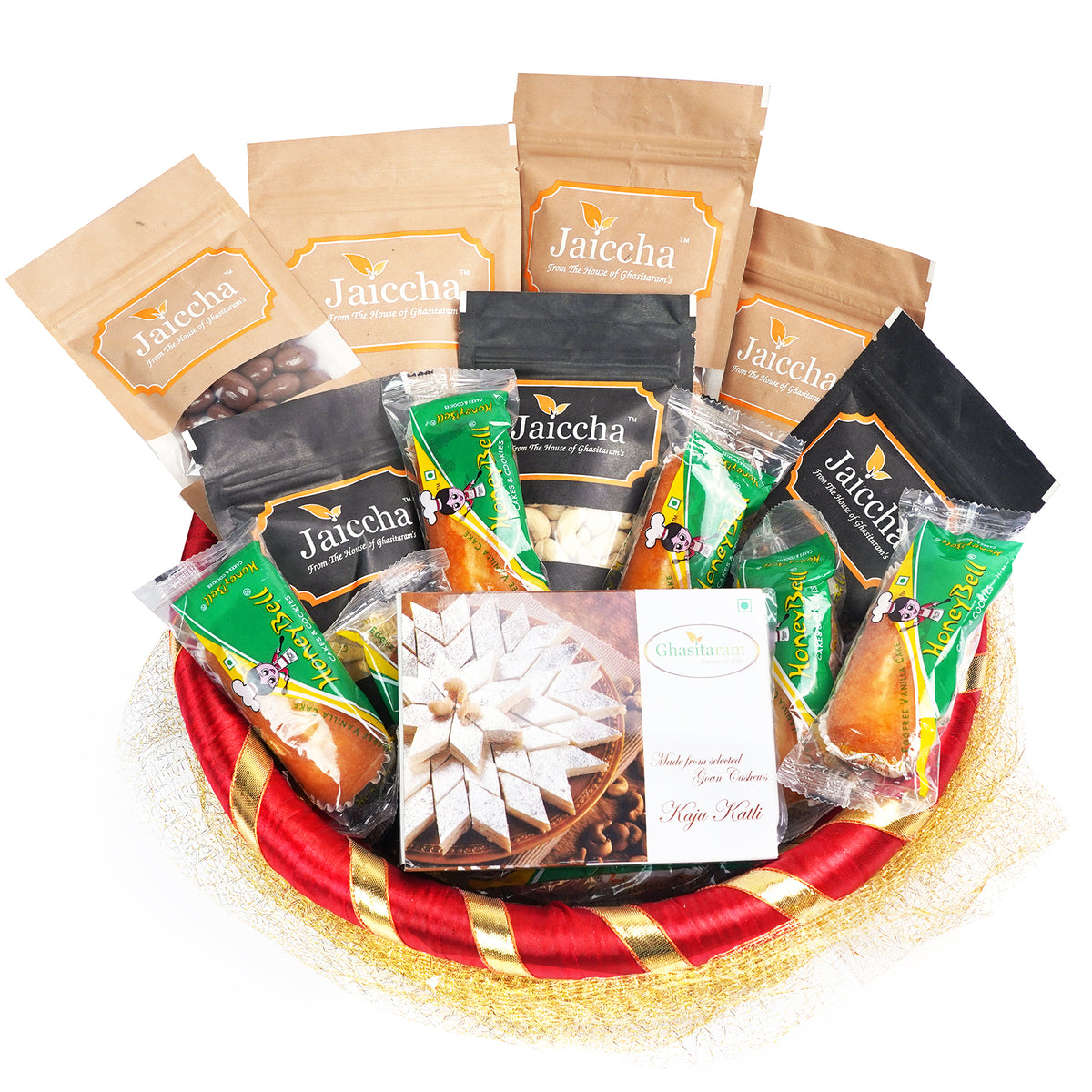 Golden Net Basket Hamper  of 18 Goodies