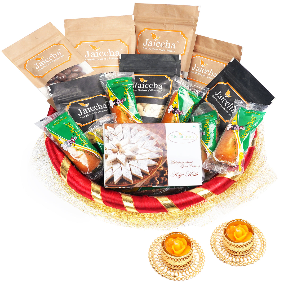 Golden Net Basket Hamper  of 18 Goodies with 2 t-lites