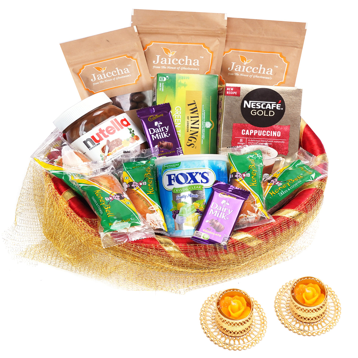 Golden Net Basket Hamper  of 20 Goodies with 2 t-lites