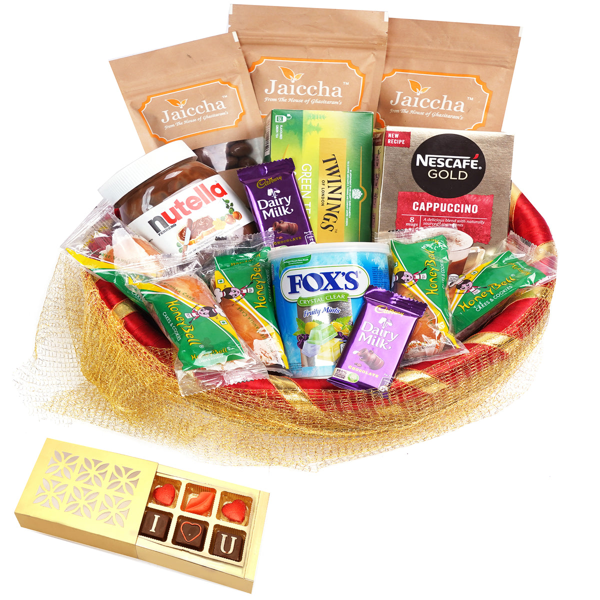 Valentine Gifts-Golden Net Basket Hamper  of 20 Goodies With Chocolate box