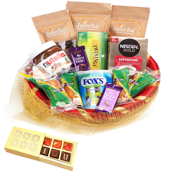 Valentine Gifts-Golden Net Basket Hamper  of 20 Goodies With Chocolate box