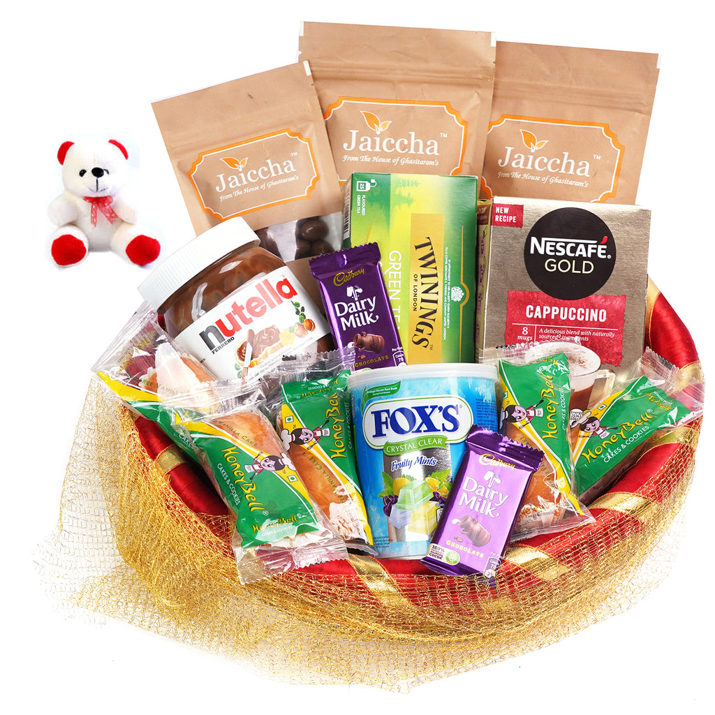 Valentine Gifts-Golden Net Basket Hamper  of 20 Goodies With Teddy