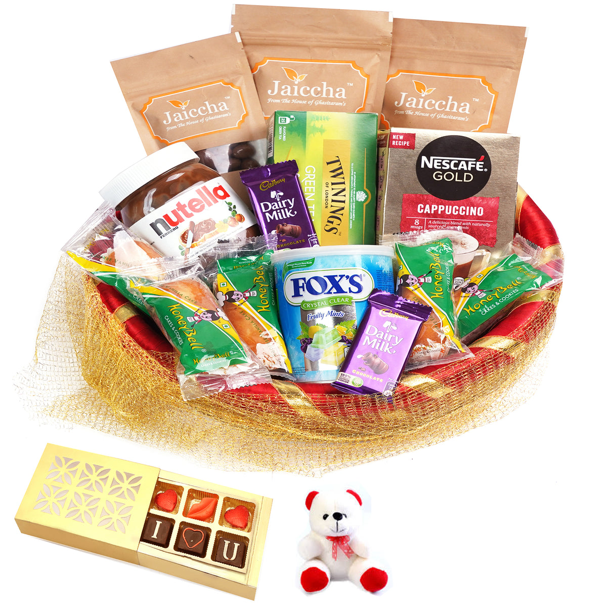 Valentine Gifts-Golden Net Basket Hamper  of 20 Goodies With Teddy and Chocolate box