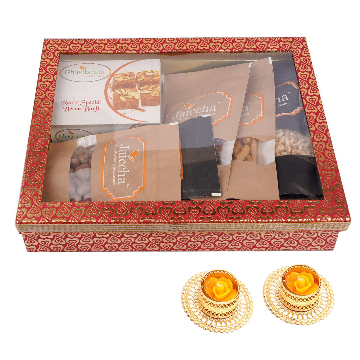 Hamper Box 6 Goodies with Besan Barfi with 2 t-lites