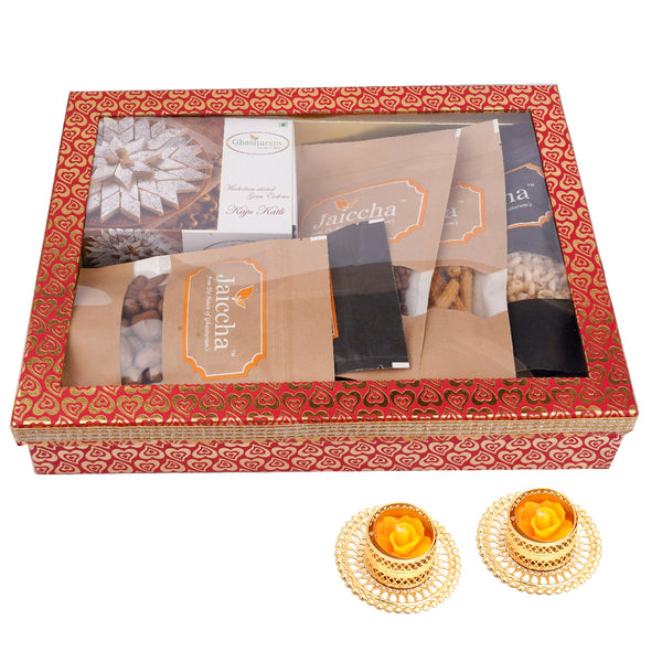 Hamper Box 6 Goodies with Kaju Katlis with 2 t-lites
