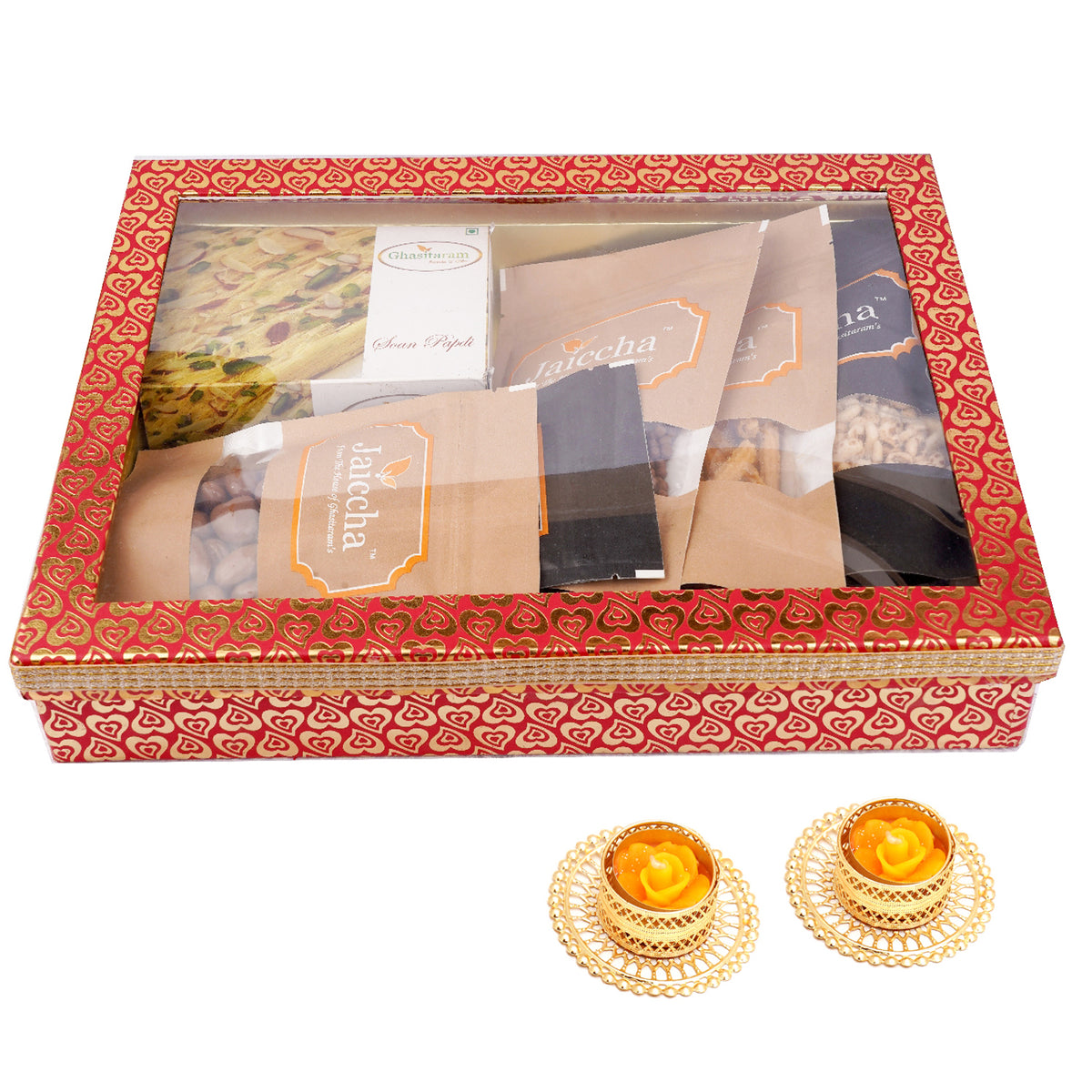 Hamper Box 6 Goodies with Soan Papdi with 2 t-lites