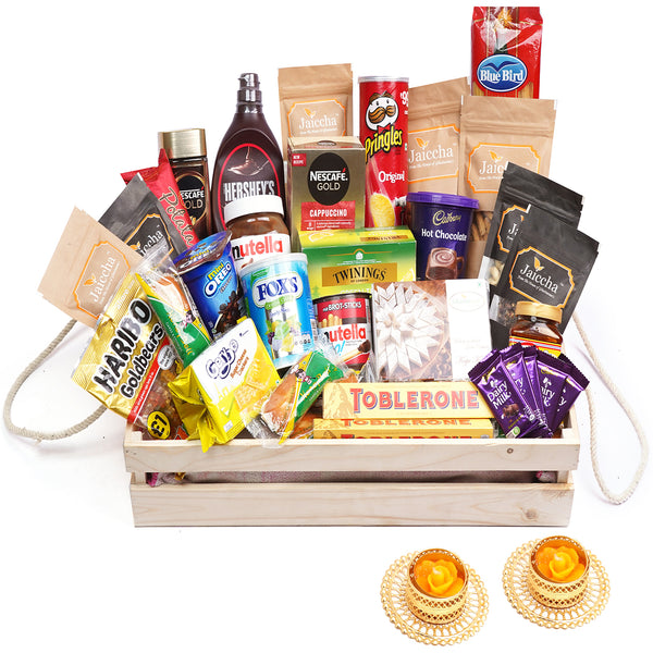 Jumbo Wooden Basket Hamper  of 40 Goodies with 2 t-lites