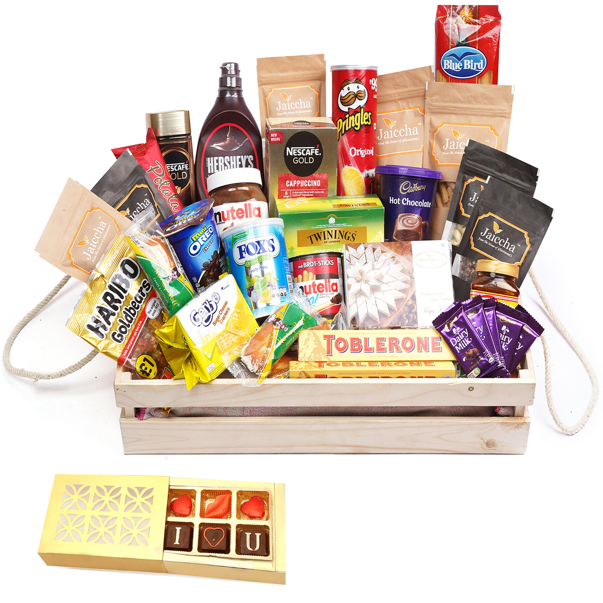 Valentine Gifts-Jumbo Wooden Basket Hamper  of 40 Goodies With Chocolate box