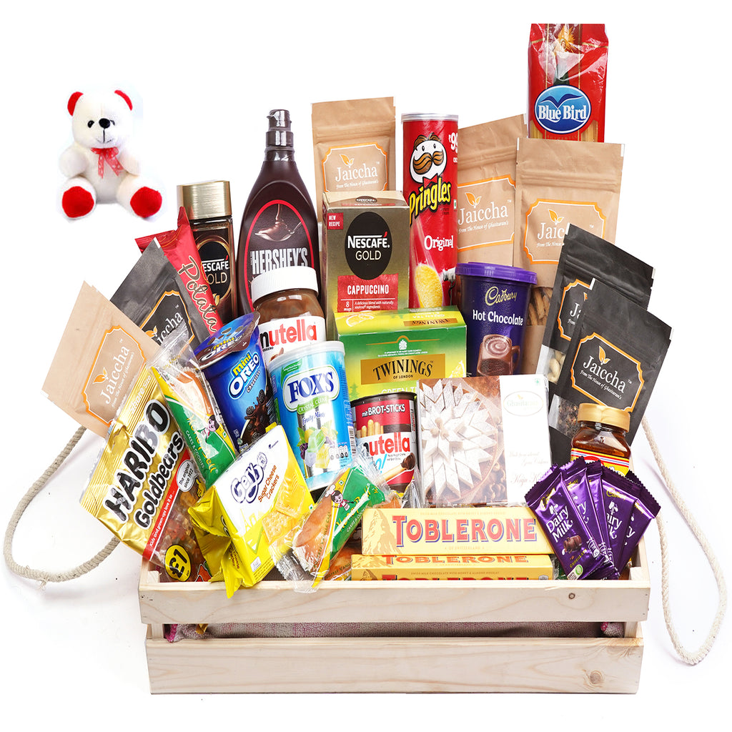 Valentine Gifts-Jumbo Wooden Basket Hamper  of 40 Goodies  With Teddy