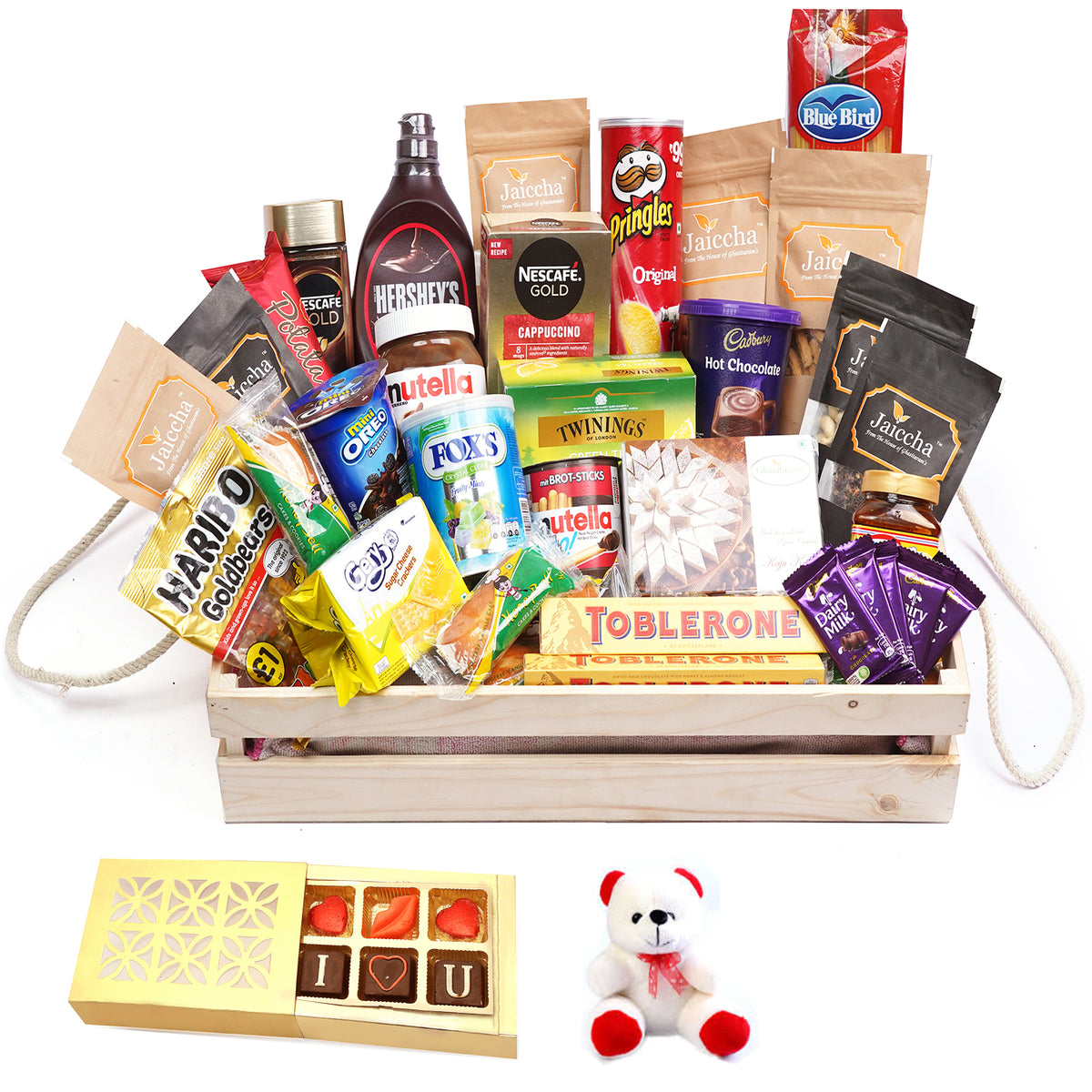 Valentine Gifts-Jumbo Wooden Basket Hamper  of 40 Goodies With Teddy and Chocolate box