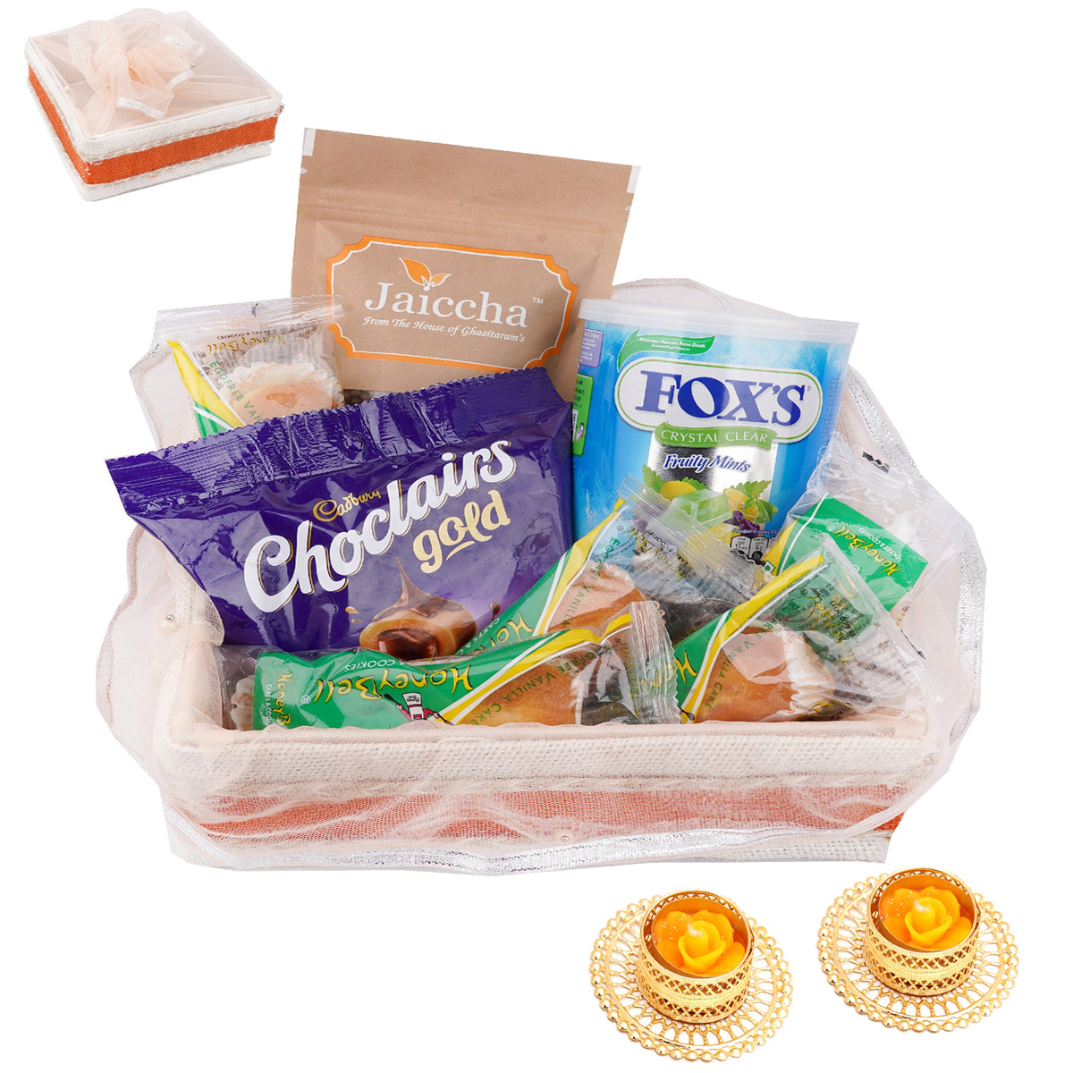 Shaded Jute Potli with Rice Crispies, Chocolairs, Foxs and Honey Bell with 2 t-lites