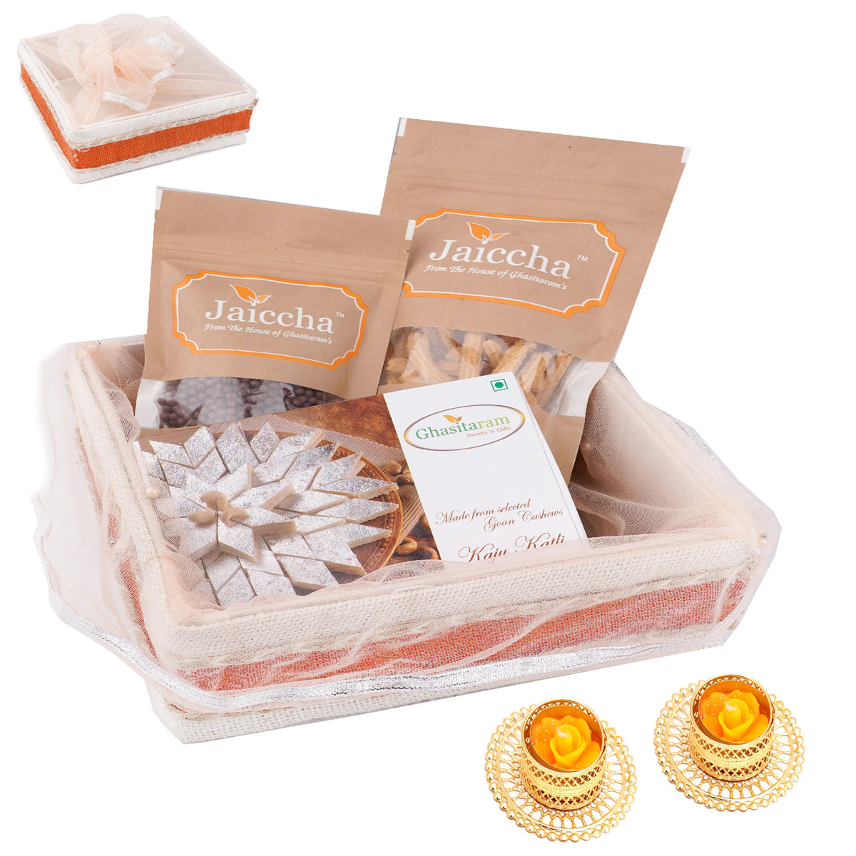 Shaded Jute Potli with Butter Chakli, Rice Crispies and Kaju Katli with 2 t-lites