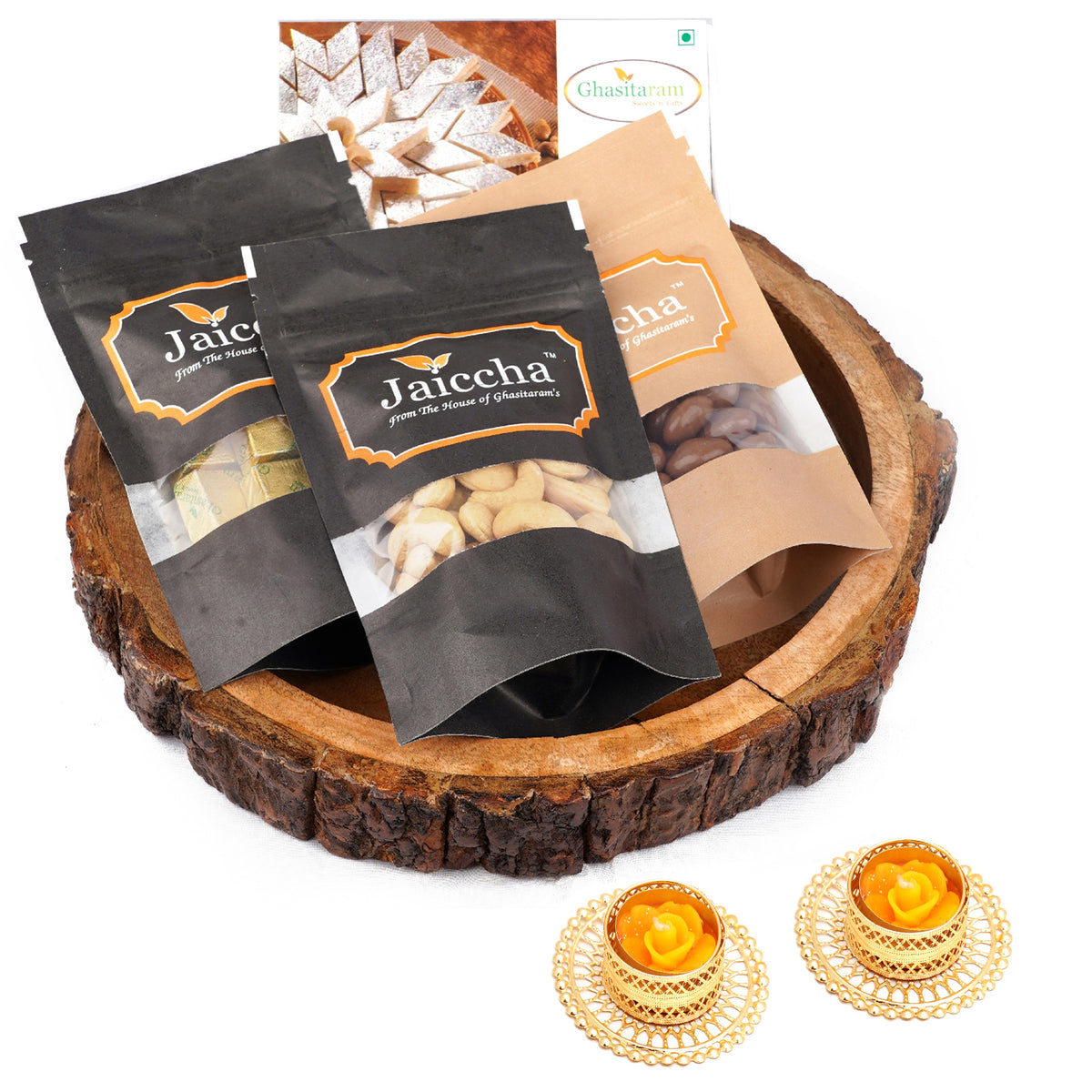 Log Platter of Kaju Katli, Chocolate Coated Almonds, Mewa Bites and Roasted Cashews with 2 t-lites