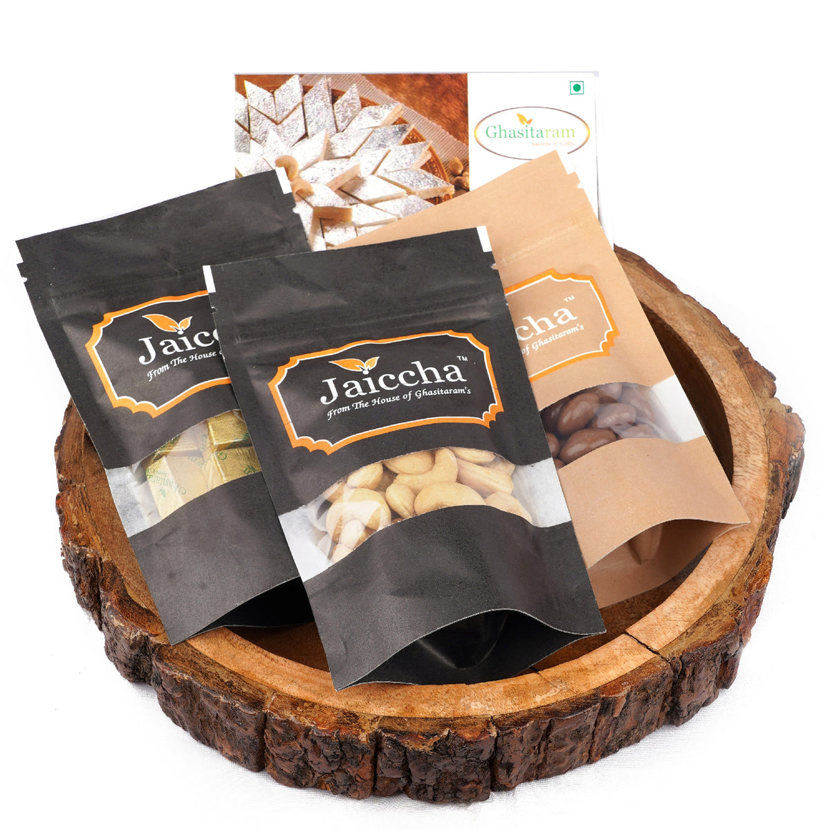 Log Platter of Kaju Katli, Chocolate Coated Almonds, Mewa Bites and Roasted Cashews