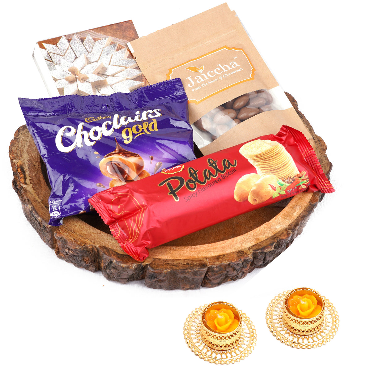 Log Platter of Kaju Katli, Chocolate Coated Almonds, Chocolairs and Potata Biscuits with 2 t-lites