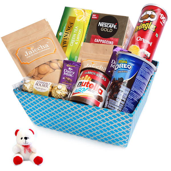 Valentine Gifts-Perfect Basket Hamper  of 10 Goodies  With Teddy