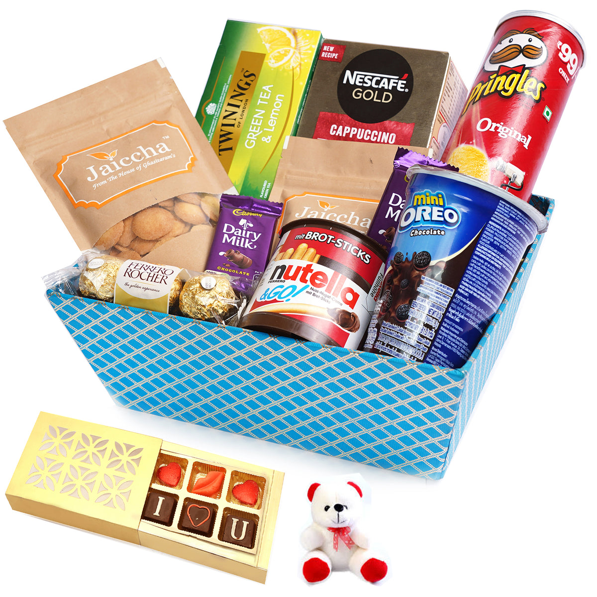 Valentine Gifts-Perfect Basket Hamper  of 10 Goodies With Teddy and Chocolate box