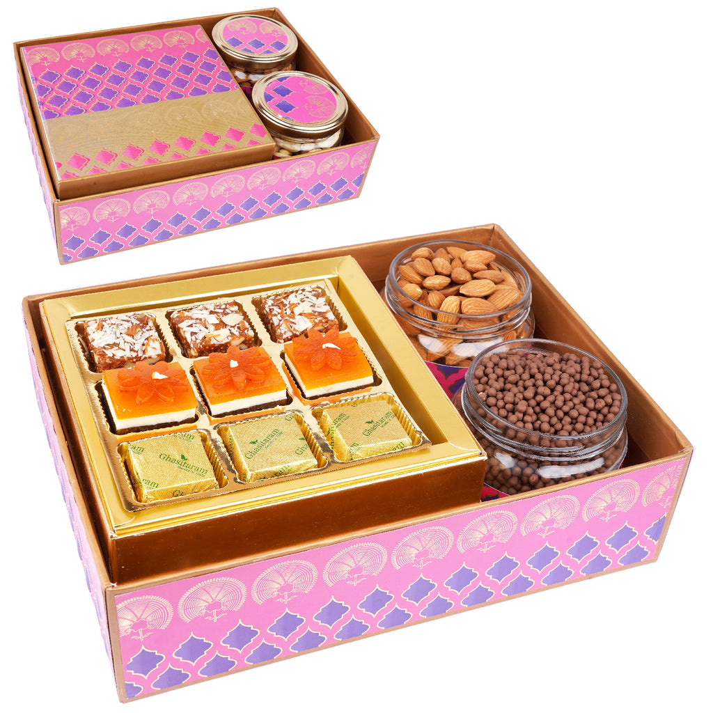Pink Green Box of Assorted bites, Almonds and Rice Crispies