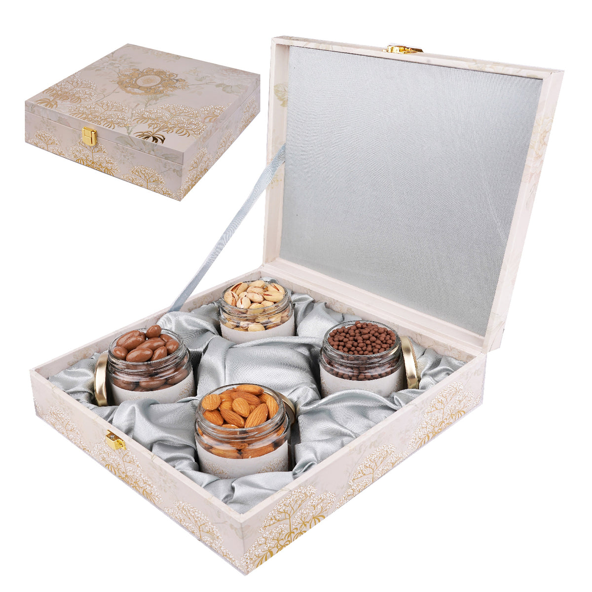 Wooden Popular Box with Almonds, Pistachios, Chocolate Coated Almonds and Rice Crispies