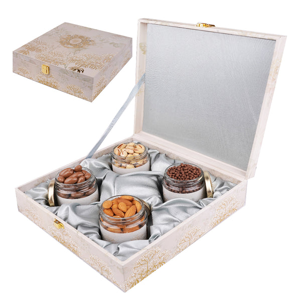 Wooden Popular Box with Almonds, Pistachios, Chocolate Coated Almonds and Rice Crispies