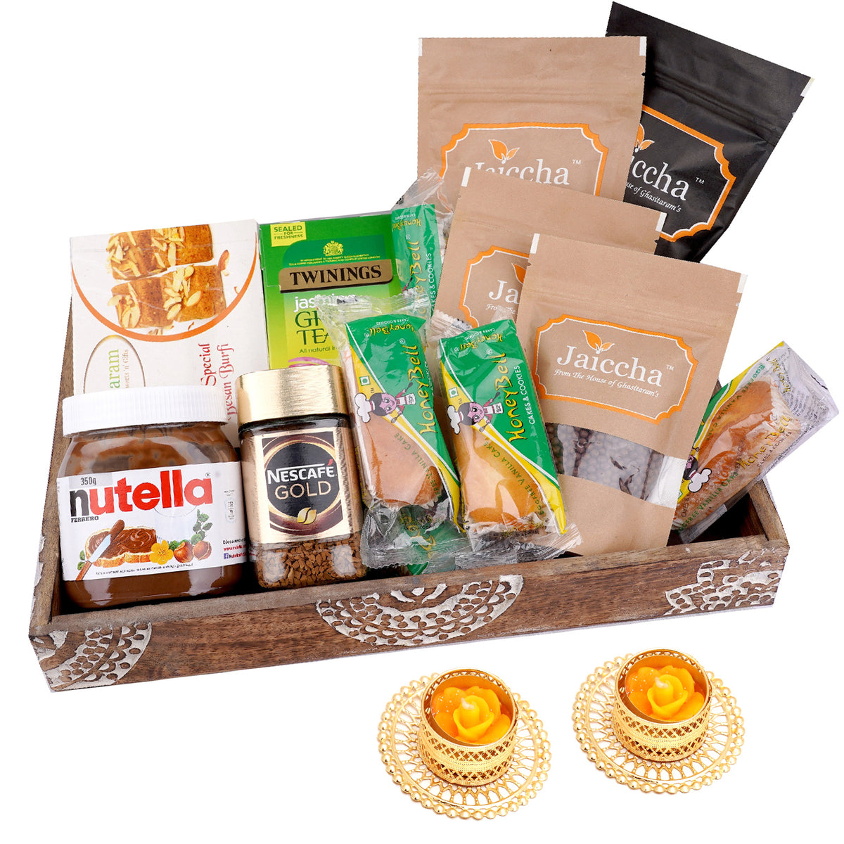 Wooden Tray Hamper with Besan Barfis with 2 t-lites