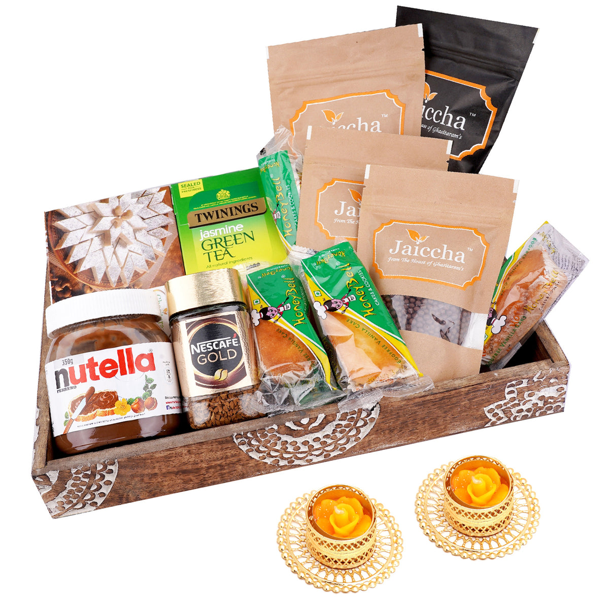 Wooden Tray Hamper with Kaju Katlis with 2 t-lites