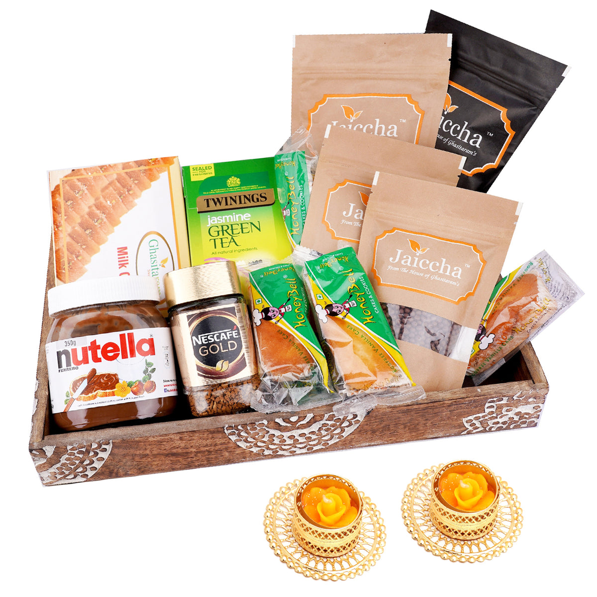 Wooden Tray Hamper with Milk Cakes with 2 t-lites