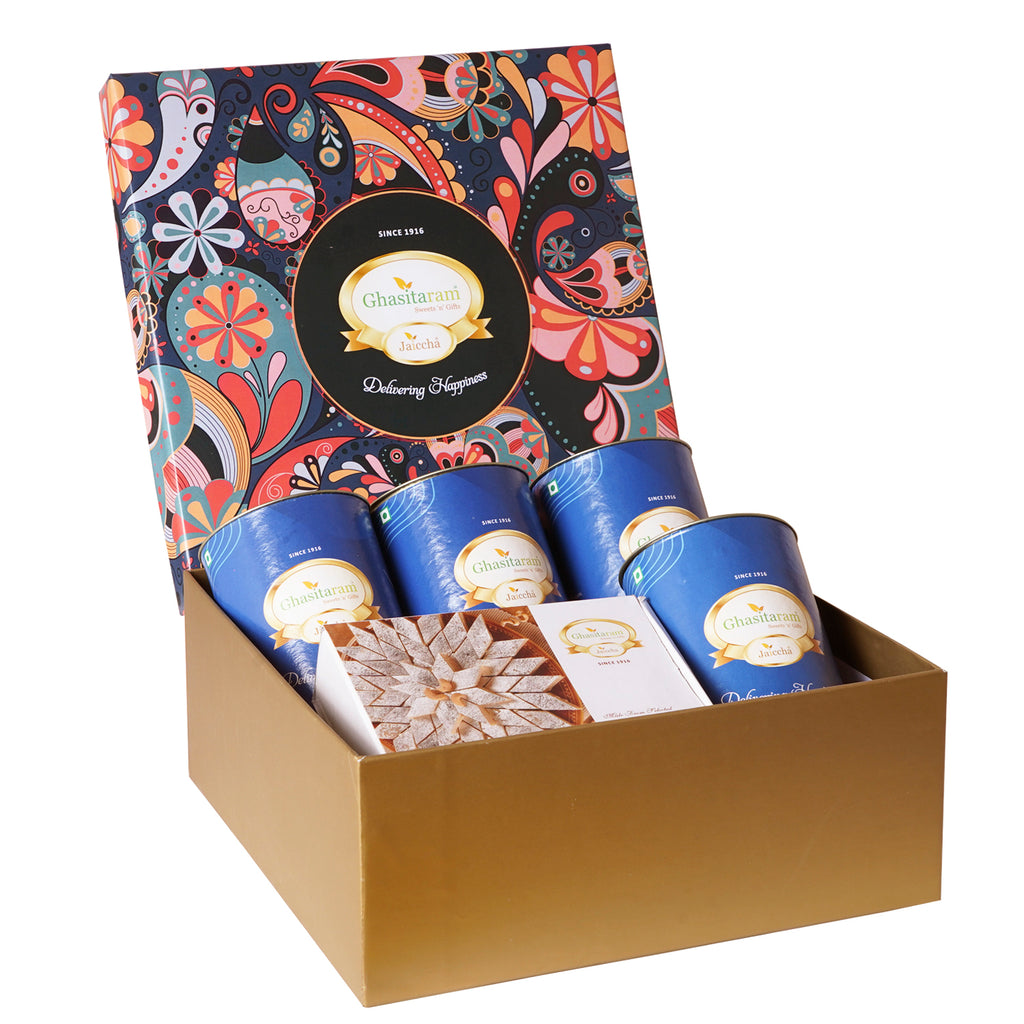 Diwali Gifts-Ghasitaram Big Hamper box of 4 dryfruit Cans and Kaju Katli