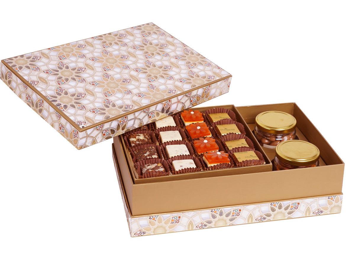Diwali Gifts-Brown Printed box of Assorted Bites, Choco Almonds and Mix Dryfruit