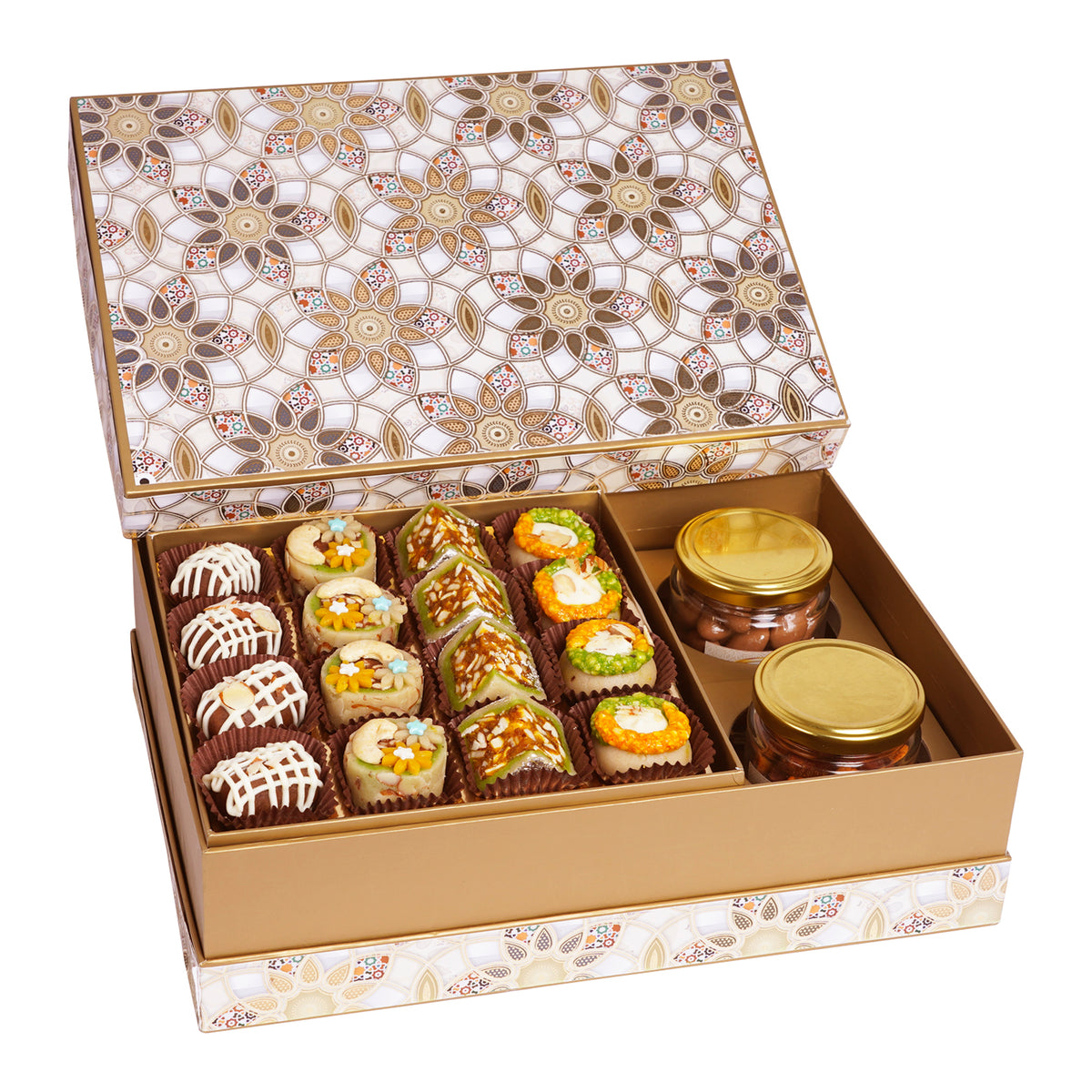 Diwali Gifts-Brown Printed box of Dryfruit Sweets, Choco Almonds and Paan Raisins