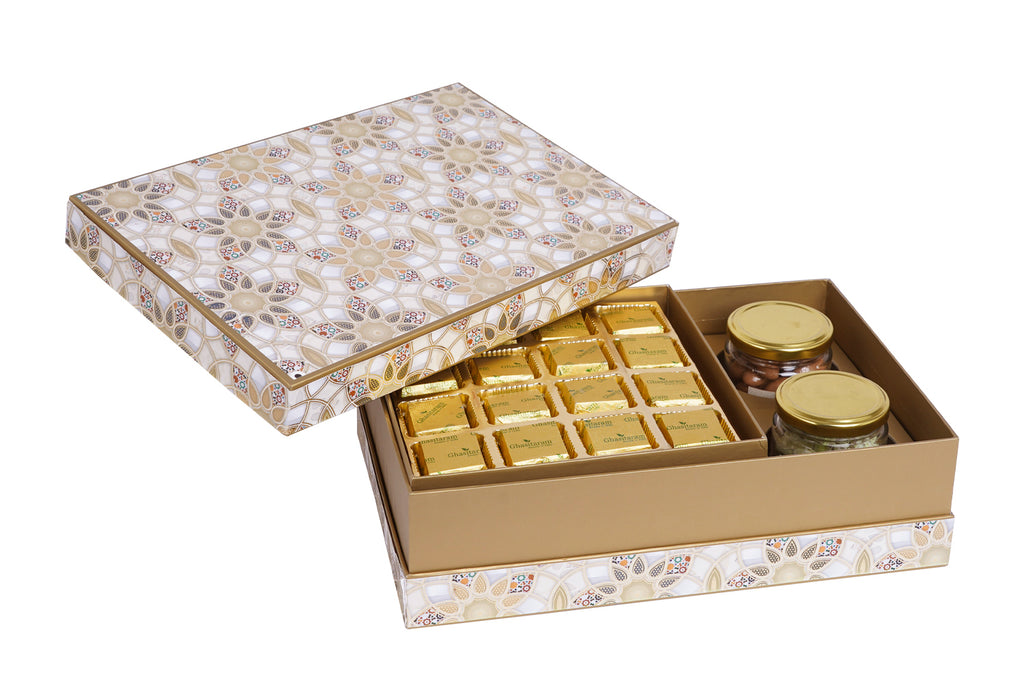 Diwali Gifts-Brown Printed box of Mewa Bites, Choco Almonds and Paan Raisins