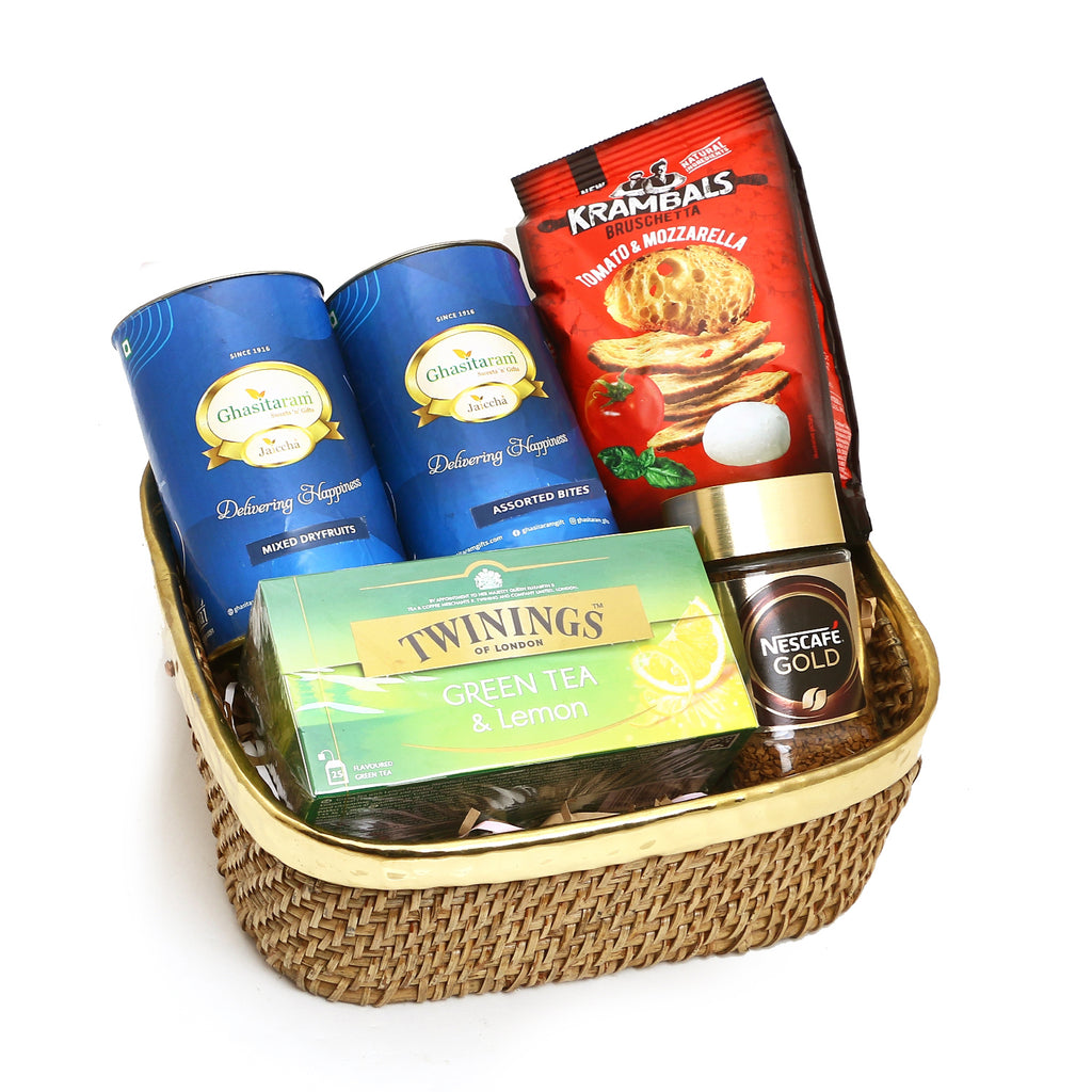 Diwali Gifts-Cane Ratan Brass Basket of Assortments with Assorted Bites
