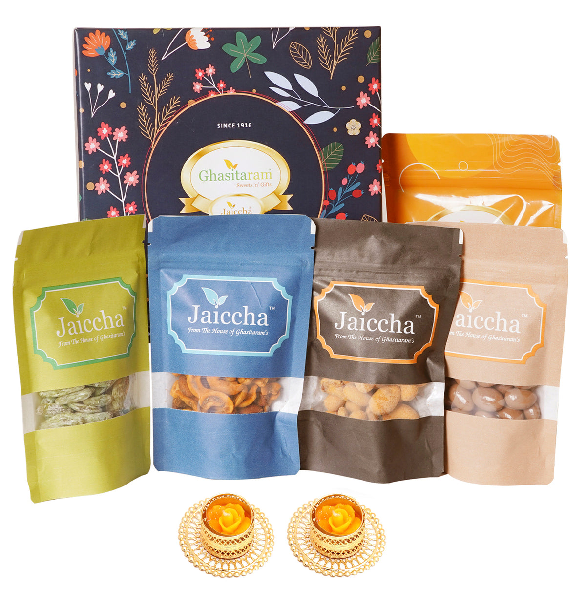 Ghasitaram Hamper Box of 5 Pouches with 2 T-lights
