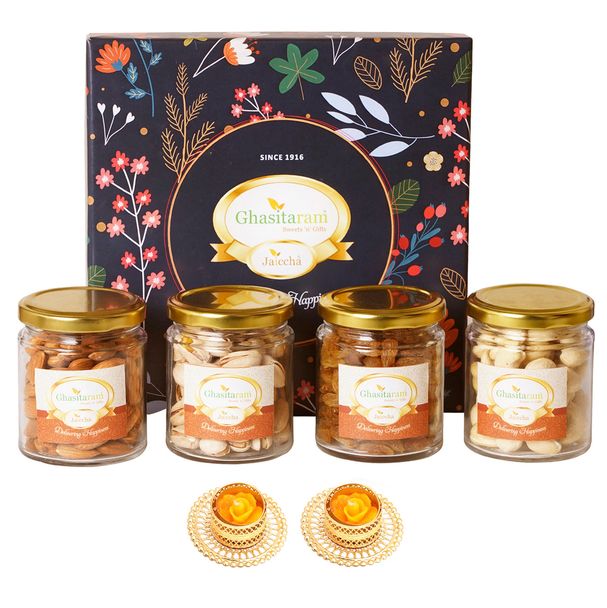Diwali Gifts-Ghasitaram Hamper Box  with Dryfruit Jars with 2 T-lights