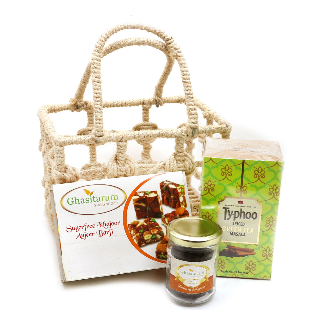 Diwali Gifts-Jute check Basket of  Sugarfree Bites, tea and Jamun Chips