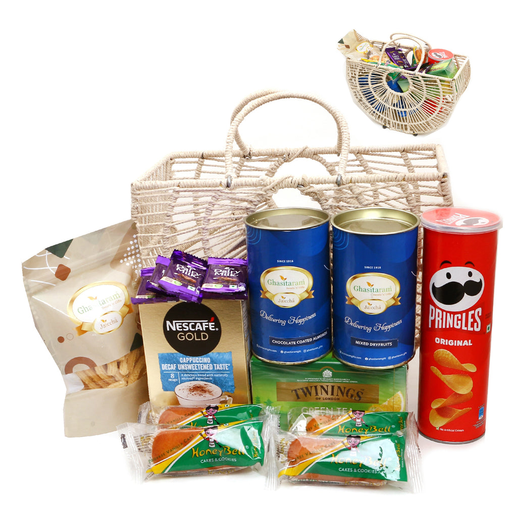 Diwali Gifts-Jute Fancy Basket/ Carry Bag/ Magazine Holder of 16 Goodies