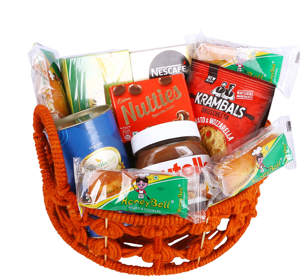 Diwali Gifts-Orange Jute Basket of 11 Goodies with Assorted Bites Can