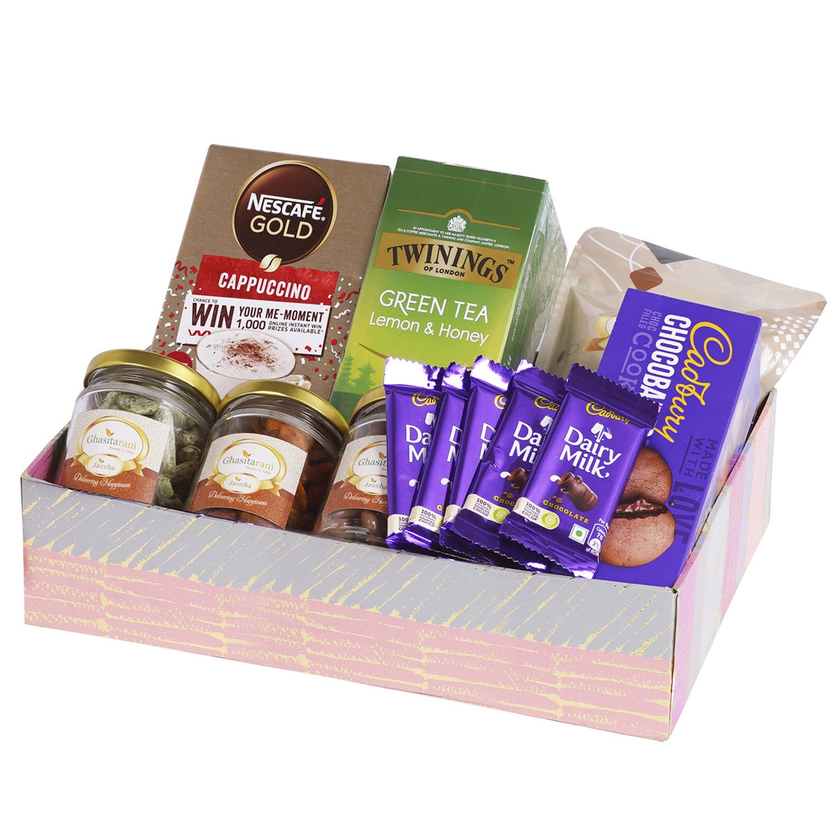 Diwali Gifts-Pink Basket of 7 Goodies