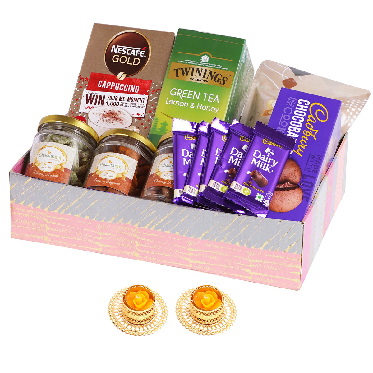 Pink Basket of 7 Goodies with 2 T-lights