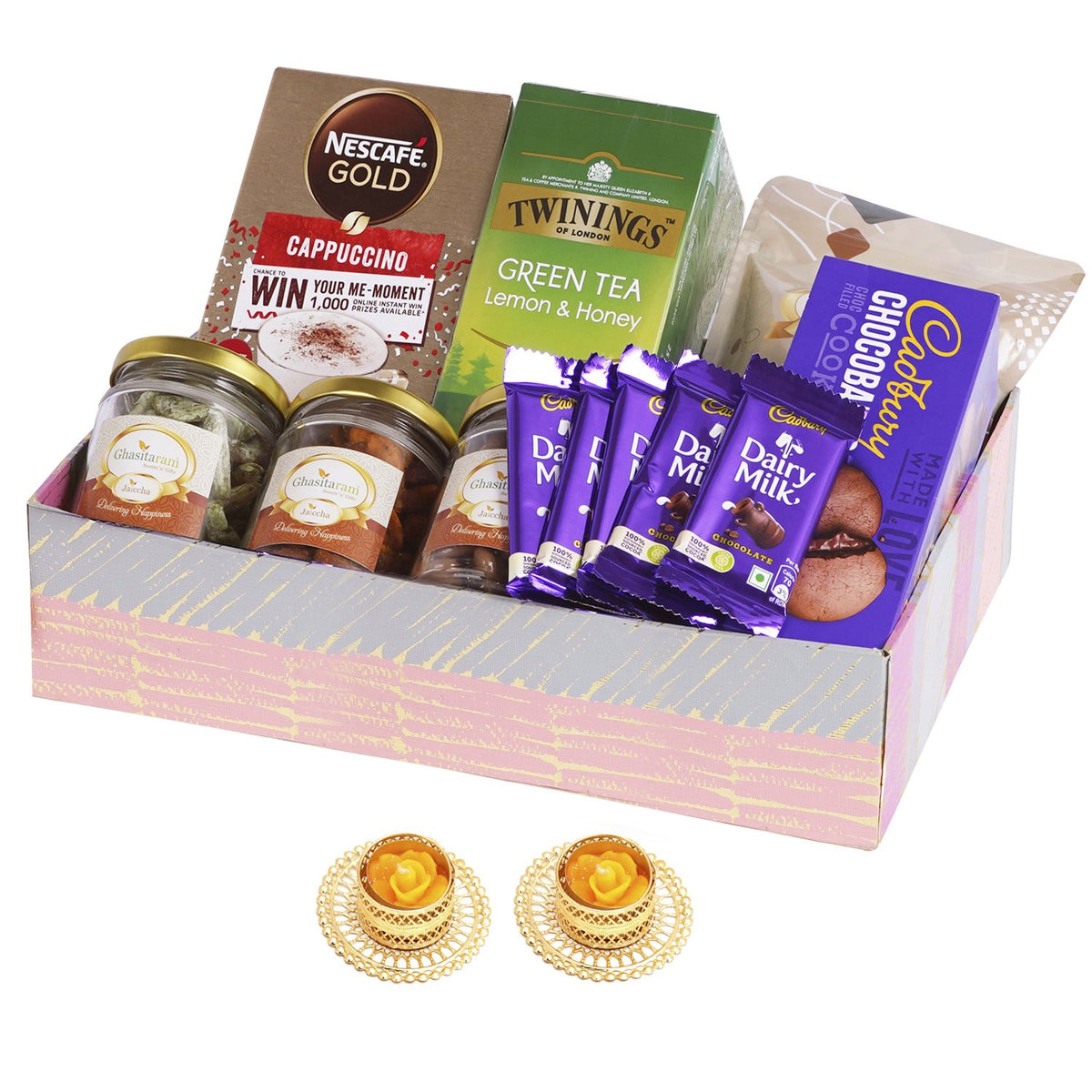 Diwali Gifts-Pink Basket of 7 Goodies with 2 T-lights