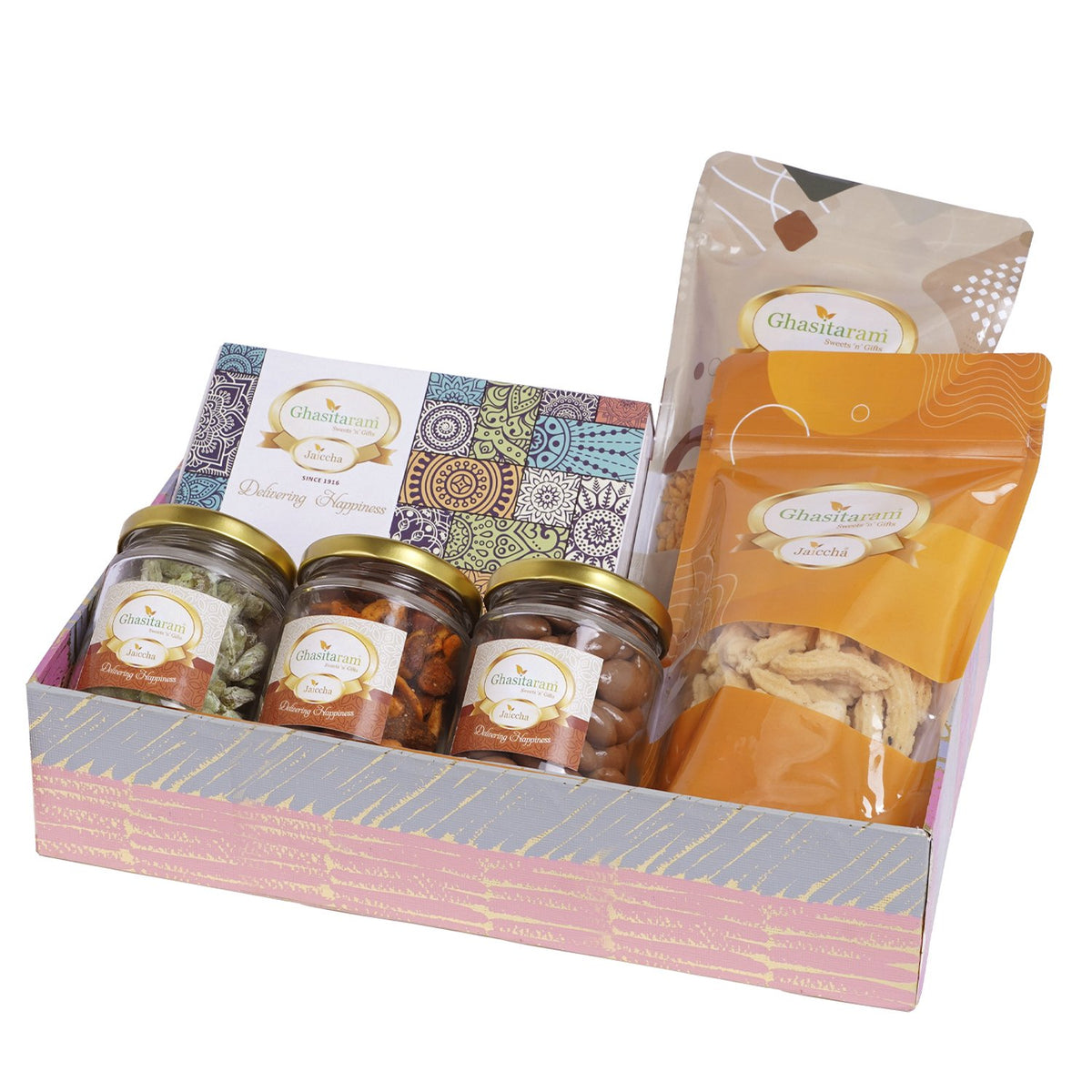 Diwali Gifts-Pink basket of Assortments with Bites